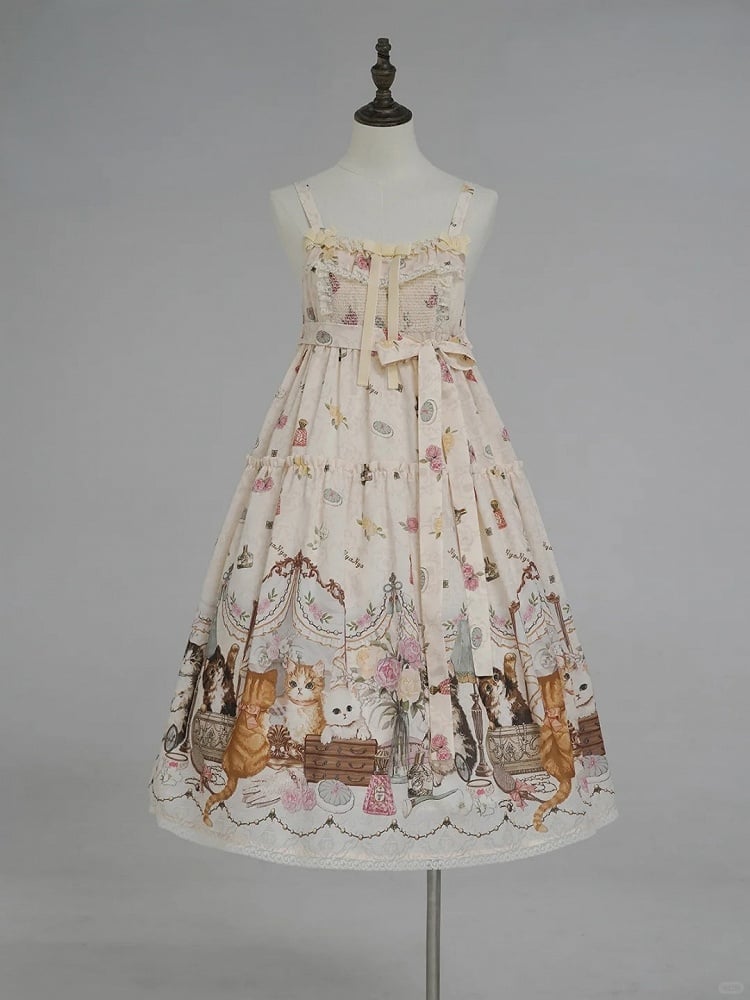 Beige Cat Print High Waist Sweet Lolita Jumper Skirt - NyaNya