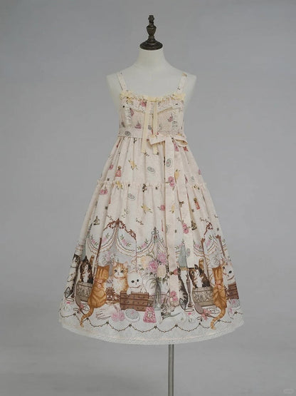 Beige Cat Print High Waist Sweet Lolita Jumper Skirt - NyaNya