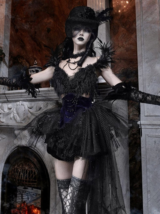 Feather-Adorned Black Dress Beaded Straps Ballet Purple and Goth Detachable Tulle Train with