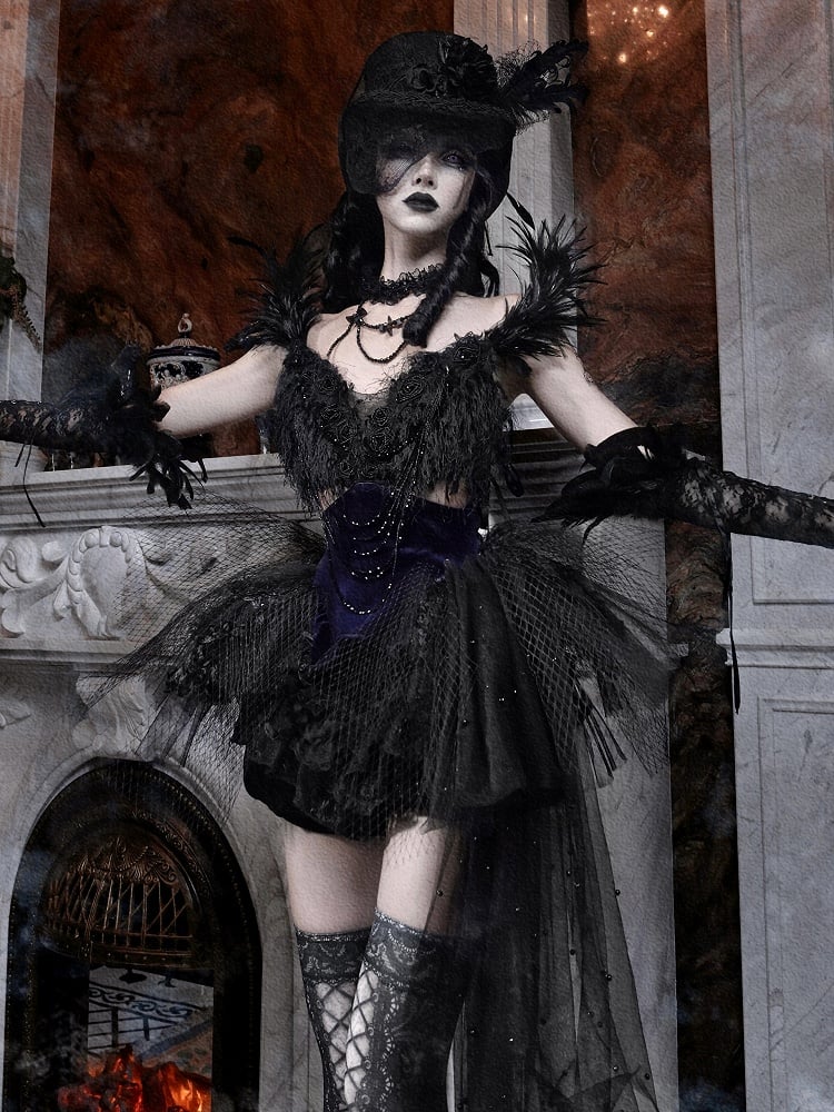 Feather-Adorned Black Dress Beaded Straps Ballet Purple and Goth Detachable Tulle Train with