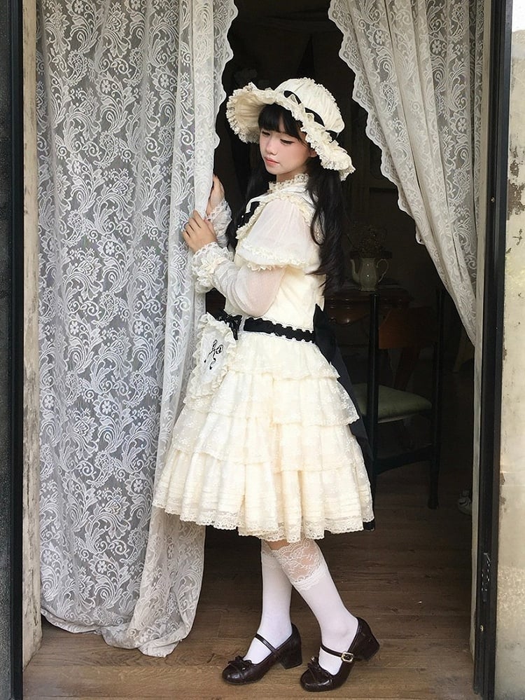 Timeless Beige & Black Lolita JSK Gown with Heart Waist Pouch and Delicate Lace - Miss Cube Dressworks