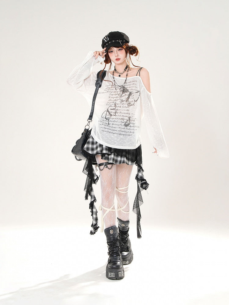 Butterfly Print Asymmetrical Neckline Khaki/White Coverup Semi-sheer