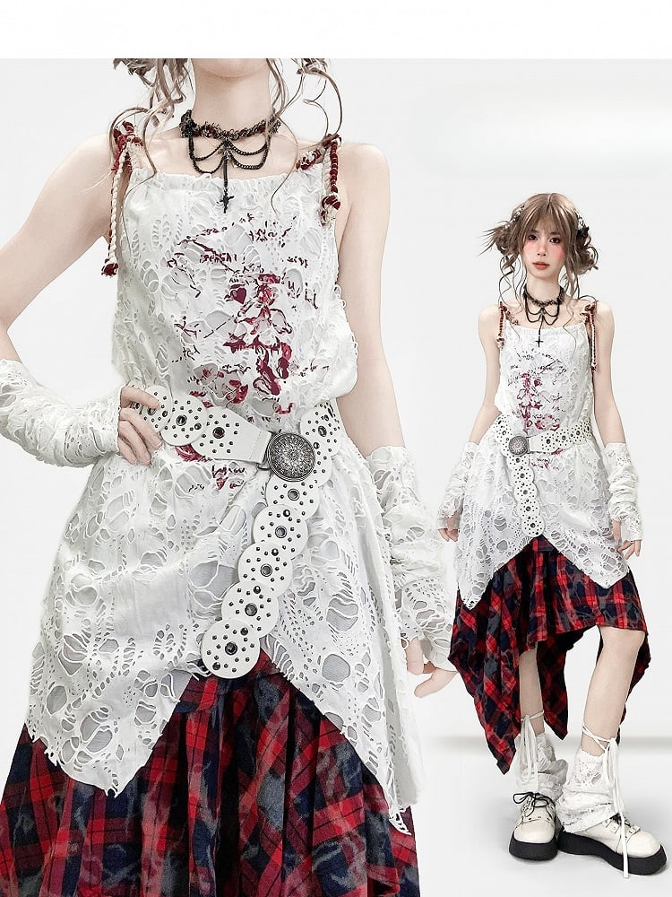 袖付きホワイトデザインカットアウトキャミソールプリントドレスの詳細Y2K