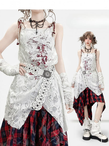 袖付きホワイトデザインカットアウトキャミソールプリントドレスの詳細Y2K