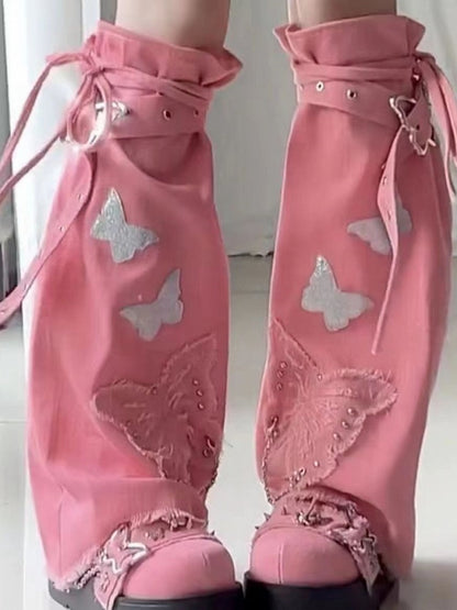 White/Pink/Blue Leg Buckle Straps Metal Pattern Butterfly Warmers Y2K