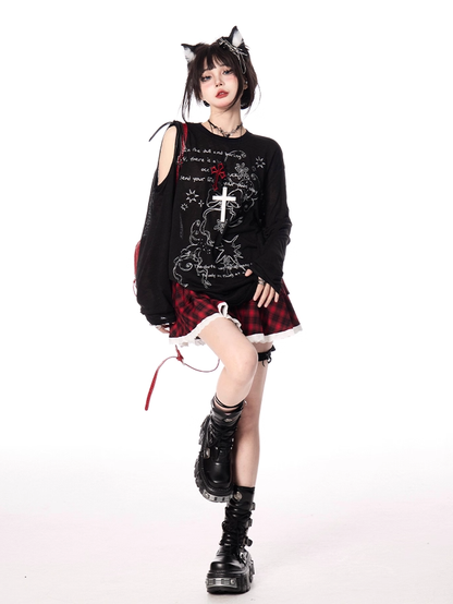 Semi-sheer Bowknot Graffiti Print Coverup Cutout Shoulder Black/White