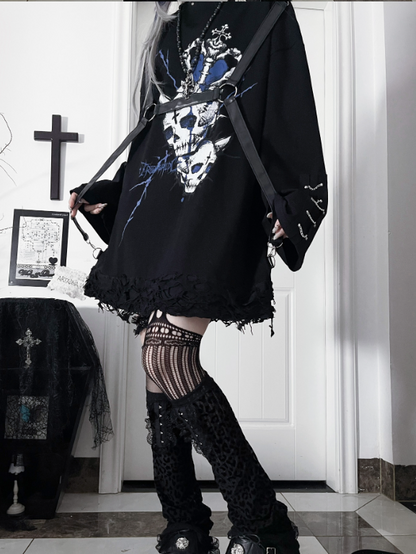 PU Subculture Print Top Heart with Straps Accents Chain Punk Blue Cuff Long-Sleeve Black