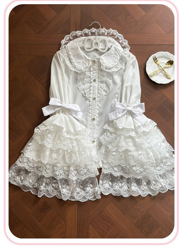 レースベルシャツ ロングティアード ピーターパンスリーブ ホワイトカラー