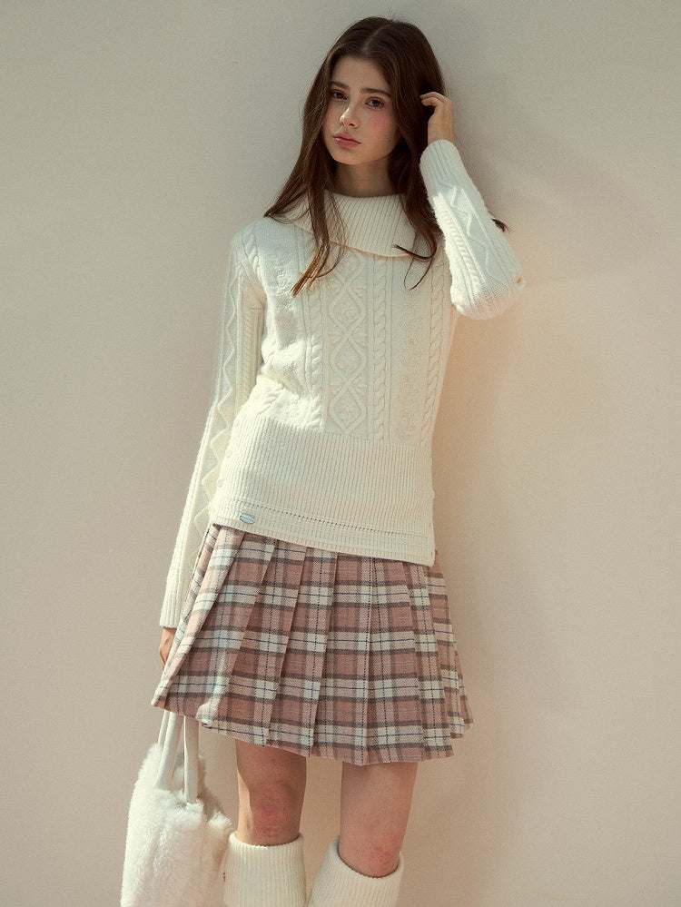 Elegant Sweater Cable Mock White Knit Vintage Neck