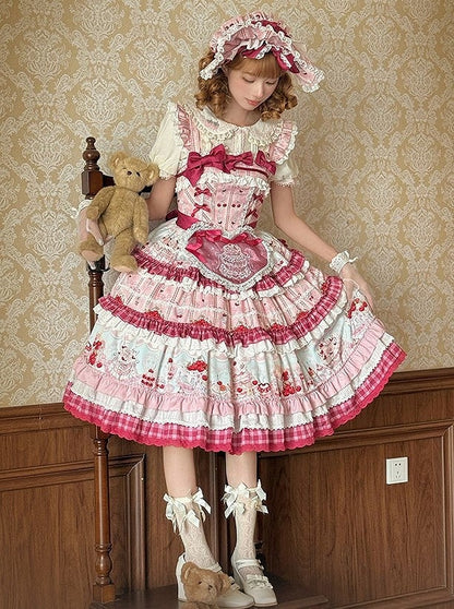 Pink Cherry Cake Print Sweet Lolita Dress with Layered Ruffles - Strawberry Fantasy