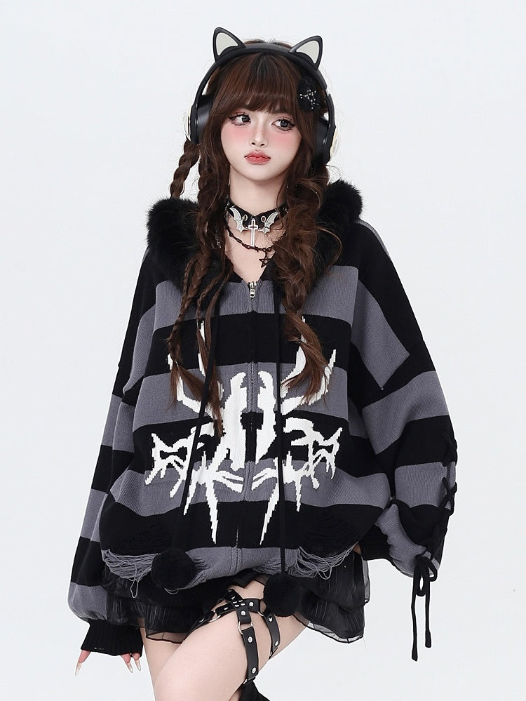 Hooded Striped Gray Fur Detachable Faux Zip Trim Punk Black with Sweater