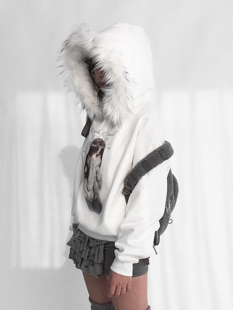 Hooded Detachable Girl Cartoon Print Trim Sweatshirt Hood Kawaii - Daily with Plush Letter