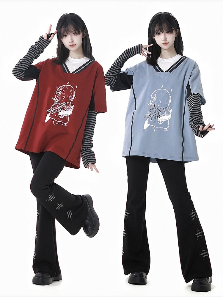 Two-pieces Neck Blue/Red Round Faux Light Graphic T-Shirt