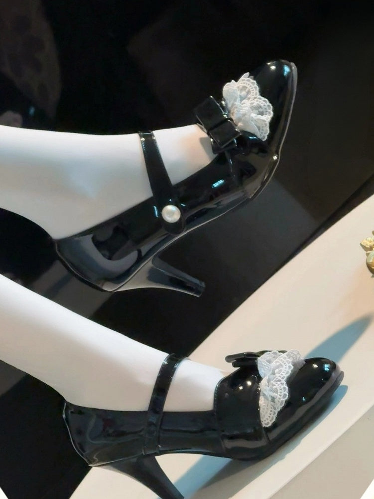 - Sweet Black PU Lace Trim Style Detachable Lolita in Leather Heels