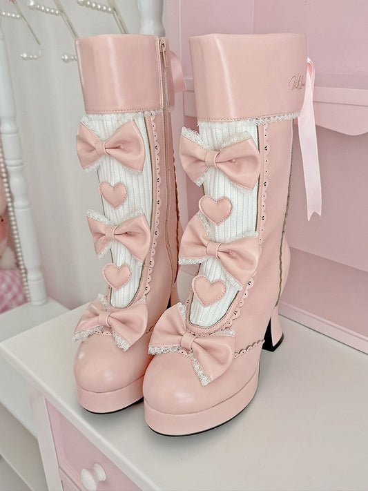 Pink Accents Elegant High-heel Heart Lolita Lace-trimmed Bow Boots Details Platform with