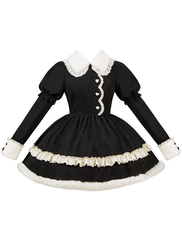 Plush Collar and Cuffs Black Sweet Lolita Dress with Removable Bunny Ears and Tail Back
