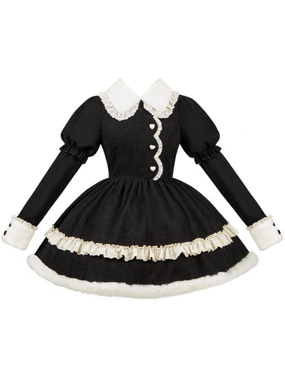 Plush Collar and Cuffs Black Sweet Lolita Dress with Removable Bunny Ears and Tail Back