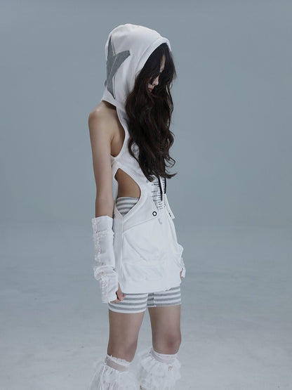 Striped Cutout Graffiti White Casual Hoodie  Punk Dress Shorts Two-Piece Set: