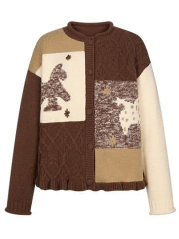 Pony Brown Knitted Patchwork Beige with Vintage Cardigan Motif