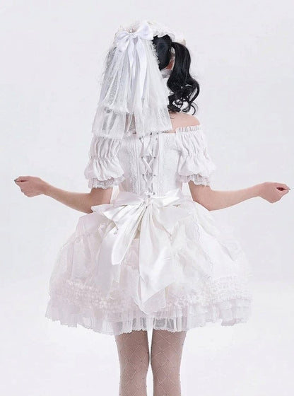 White Top Sleeves Lace Lolita Neckline Puff Details Boned Corset Illusion and Classic with Elegant Embroidery