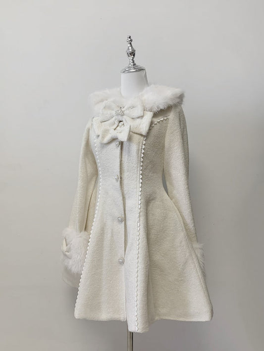 Waist-Cinching Landmine Bow-Detailed Style Long Beige Cuffs Collar Coat Furry with