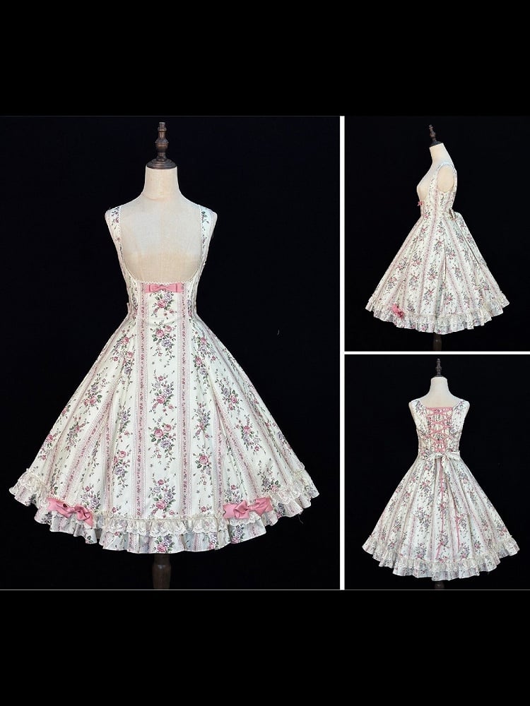 Vintage Beige Floral Print Classic JSK Dress with Back Lace-Up & Bow Accents - Miss Cube Dressworks