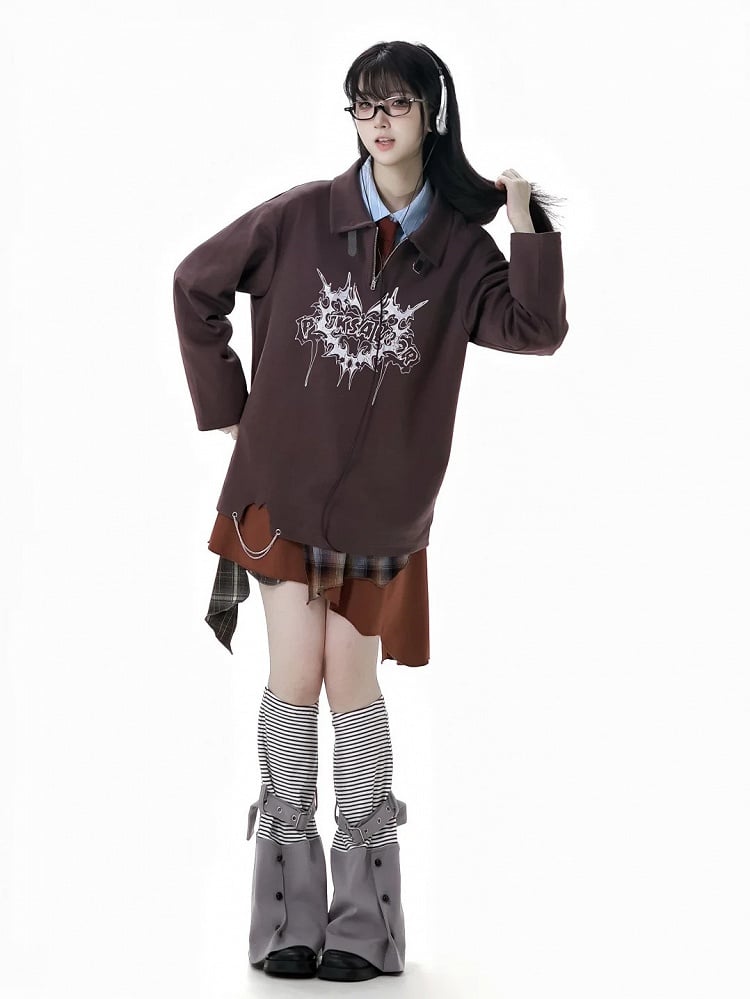 Sweatshirt mit Kragen und Grafik, braun, Polokragen, Schnallenriemen-Ausschnitt