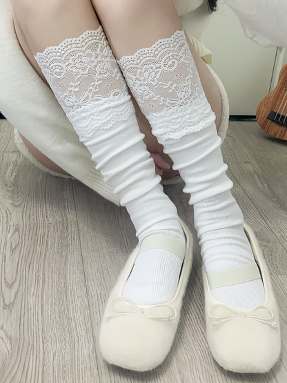White/Gray/Black Sweet Lace Trim Calf Socks