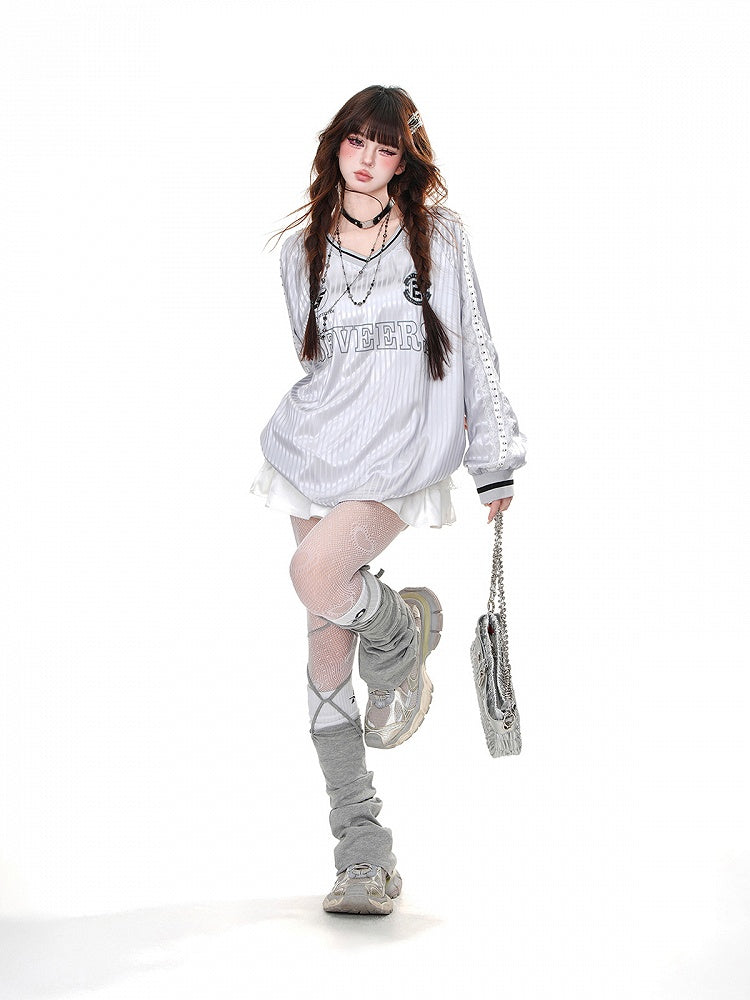 Loose V-Neck Sweatshirt Pink/Gray Striped Pattern