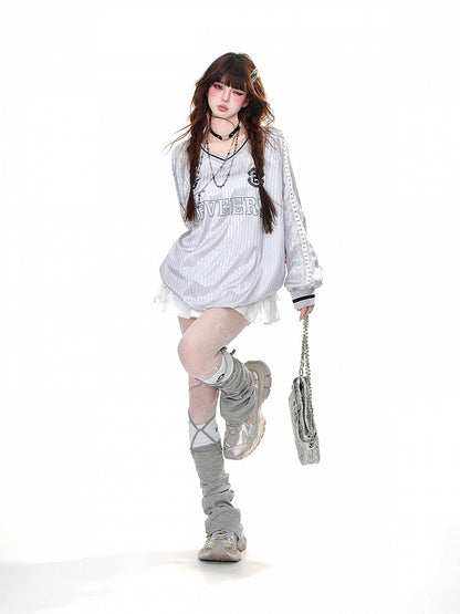 Loose V-Neck Sweatshirt Pink/Gray Striped Pattern