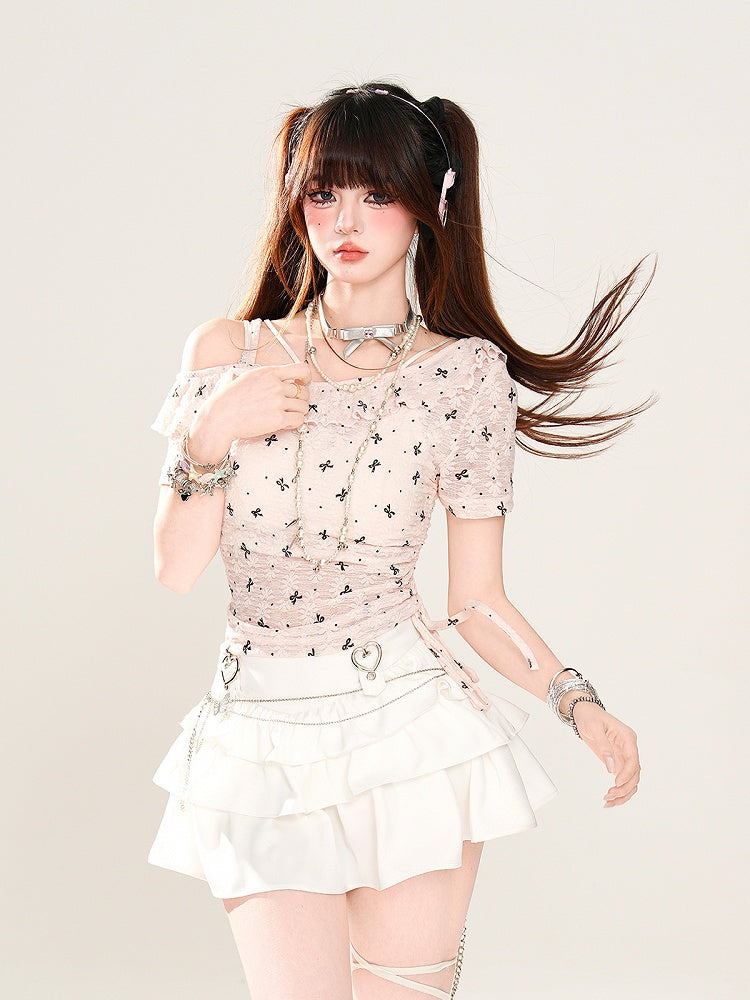 Asymmetrischer Ausschnitt Schleifendruck Kordelzug Halbtransparentes T-Shirt Rosa Taille