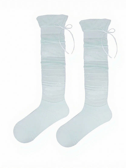 Sheer Bow Calf Socks with Stripe Pattern - ModaSwings