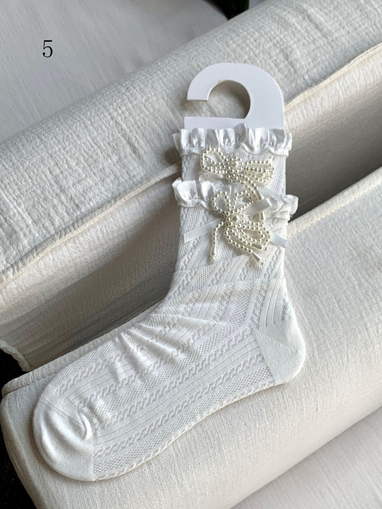Decorated Lace Beaded White Bowknot Trim Socks