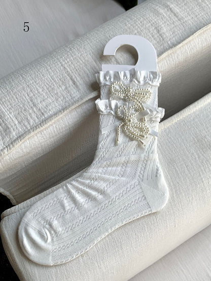 Decorated Lace Beaded White Bowknot Trim Socks