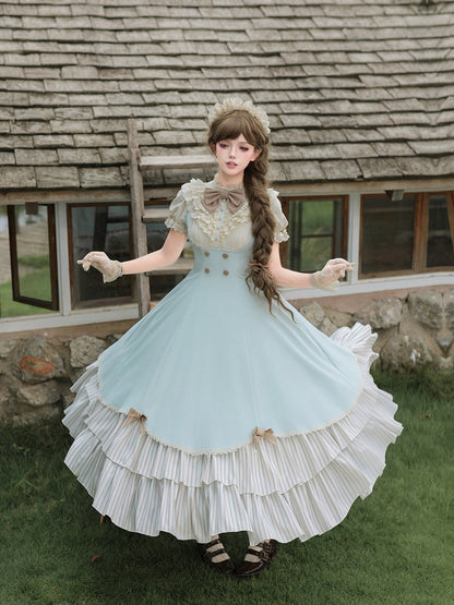 Puff-Sleeve Long Lolita Dress in Beige and Blue with Scalloped Hem and Butterfly Bows - With PUJI