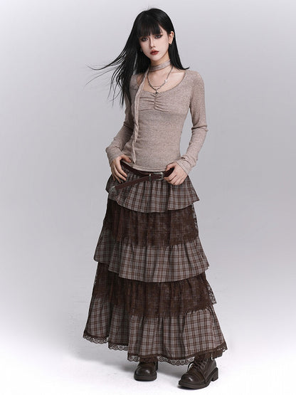 Seitliche Spitzenrockschichten mit Reißverschluss, gestuftes Maxi-Kaffee-Plaid