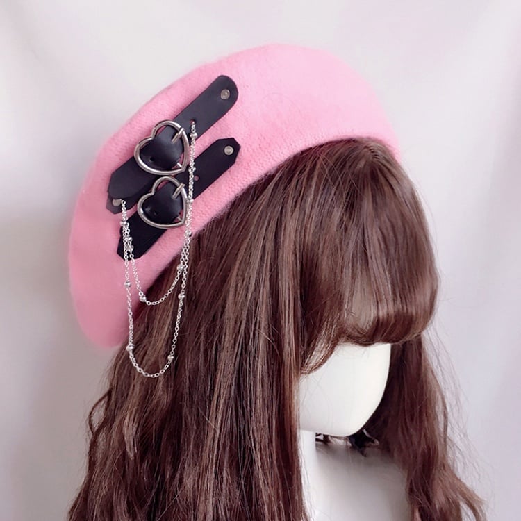 Buckle 4 Colors with Details Chain Beret