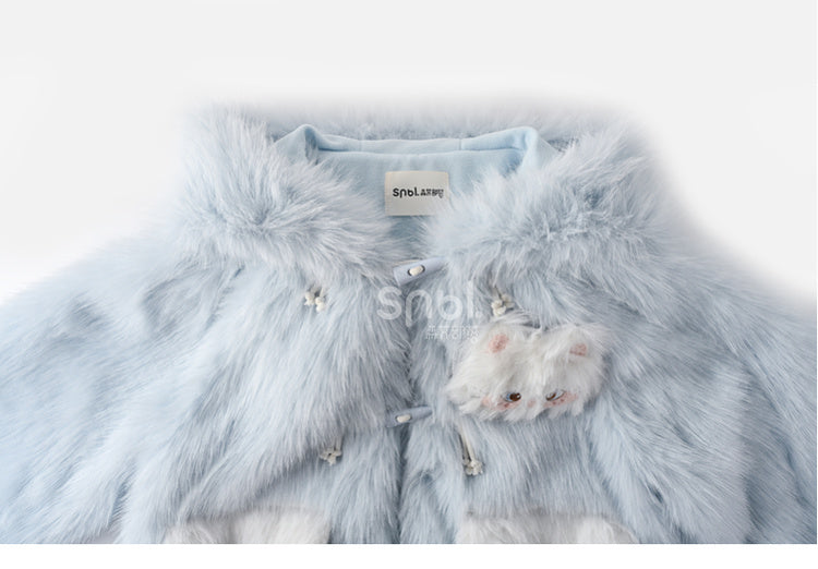 Blauer flauschiger Kunstpelzmantel mit Katzenohren und Kapuze, abnehmbares Katzenplüschtier