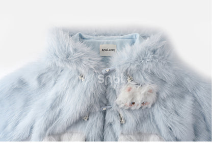 Blauer flauschiger Kunstpelzmantel mit Katzenohren und Kapuze, abnehmbares Katzenplüschtier