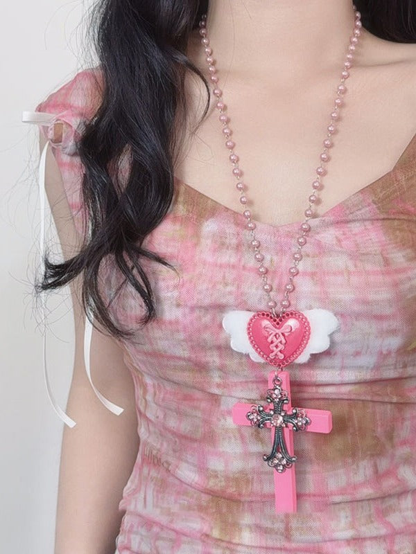 Black & White Y2K Heart Wing Cross Necklace - Kiwi Store