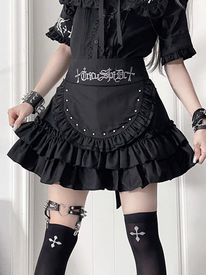 Black Studded Embroidery with Tiered Letter Skirt Waist Apron Gothic Gray Ruffle