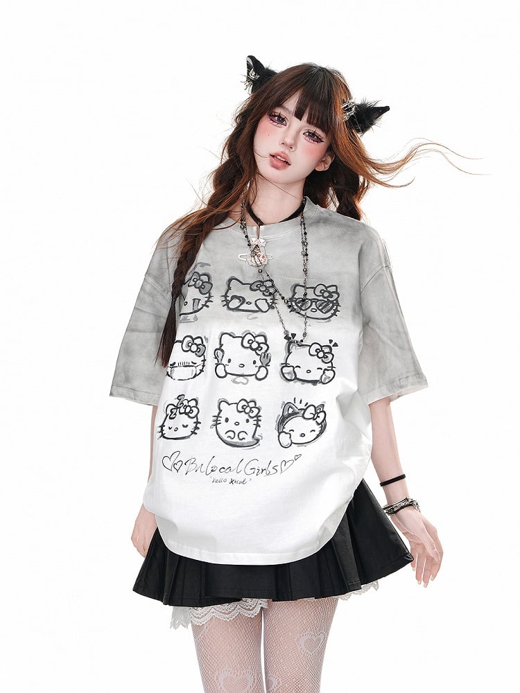 Gradient Gray Round Neck Kitty Loose T-Shirt