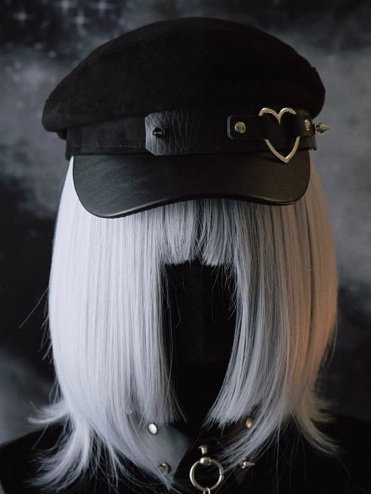 Gothic Details Heart Ring Black Studs Hat Beret