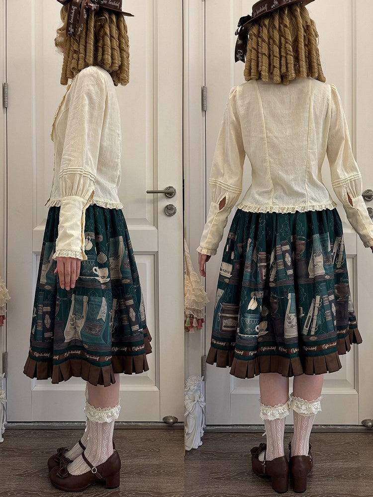 Dark Green Brown Coffee Cup Bookshelf Print Elegant Skirt Ruffled Hem - Dream Whale