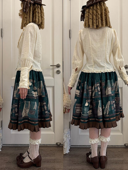 Dark Green Brown Coffee Cup Bookshelf Print Elegant Skirt Ruffled Hem - Dream Whale