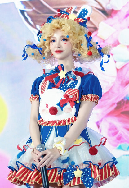 Clown Dark Bunny Kleid Blau Clowncore Overalls Fleece Lolita Pastell Sweet Circus Rot und Mieder