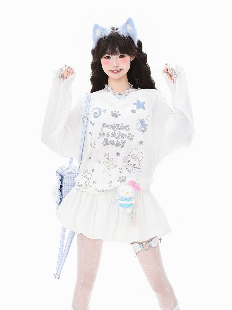 Lace and Sleeve Top Adorable Print Long Trim Letter White/Blue V-Neck with