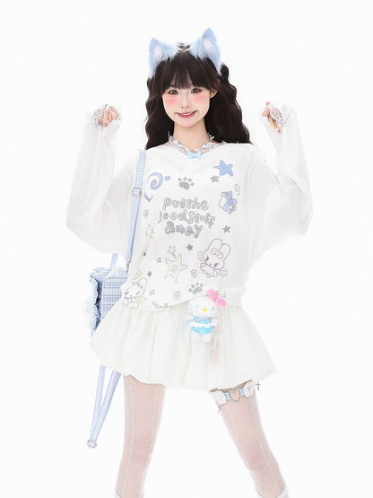 Lace and Sleeve Top Adorable Print Long Trim Letter White/Blue V-Neck with