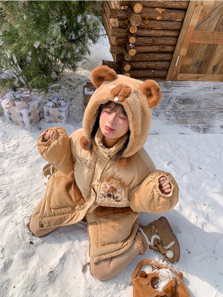 Khaki Cute Capybara Adorned Hooded Down Jacket Detachable Hood