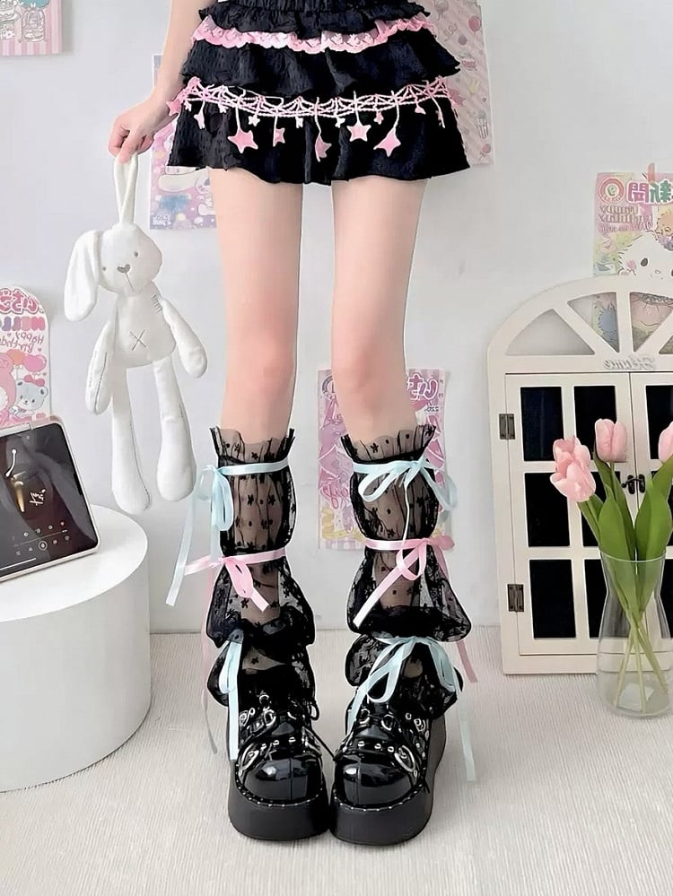 Sheer Leg Bow Ribbon Mesh Warmers